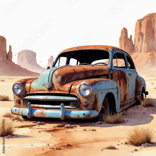 Abandoned rusted car in desert watercolor. Post-apocalyptic vintage automobile with weathered textures and atmospheric sand tones.