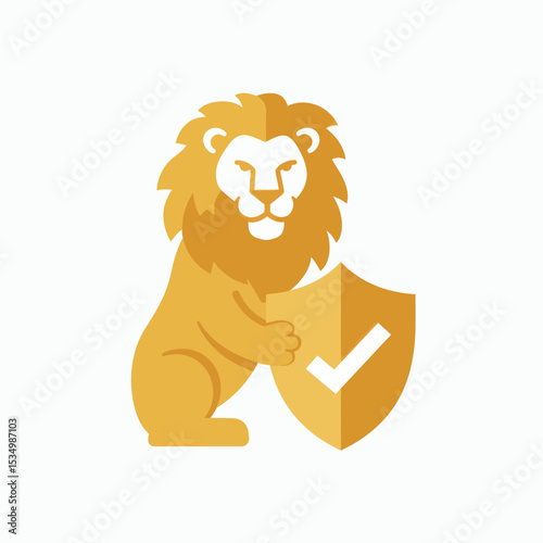 Golden lion sits holding a shield with a check mark The background is white