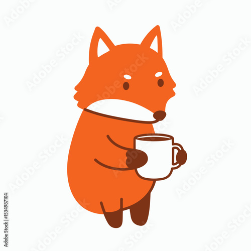 Fox stands holding a mug orange with white features and brown paws
