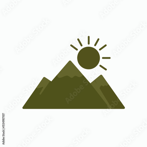 Graphic of mountains with jagged peaks and a shining sun above