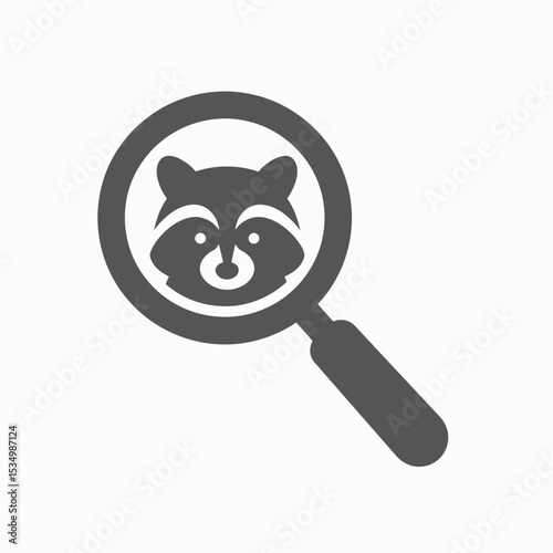 Gray magnifying glass highlighting a raccoons face