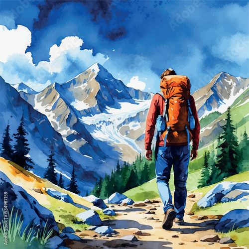 Traveler with backpack on mountain trail – watercolor adventure scene