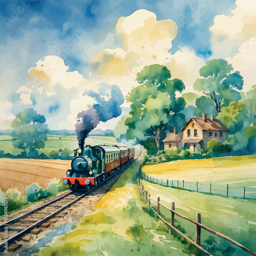 Watercolor countryside train journey – dreamy landscape with soft clouds