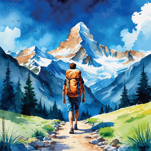 Traveler with backpack on mountain trail – watercolor adventure scene