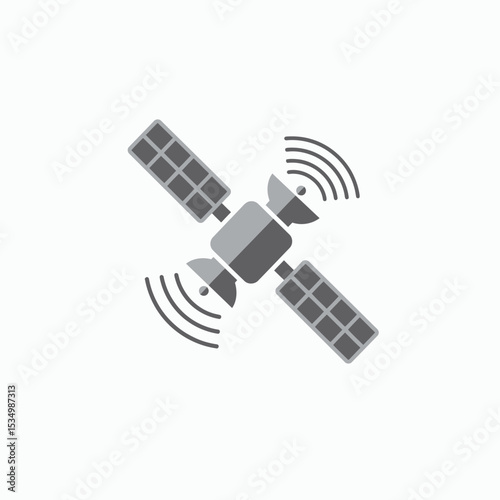 Gray satellite with solar panels and signal waves on a white background