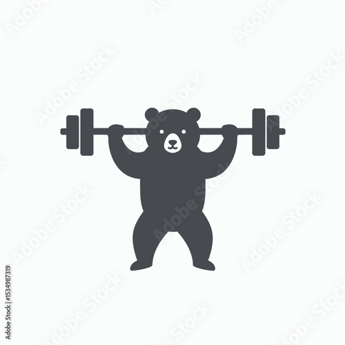 Gray silhouette of a bear lifting a barbell overhead centered on a white background