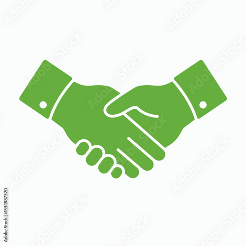 Green handshake icon on white shows two hands clasped in agreement with sleeves and white buttons