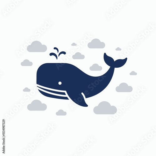 Navy whale surrounded by light gray clouds with water spray