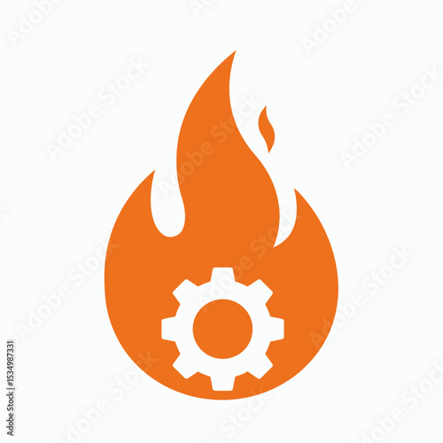 Orange flame with a white gear symbol inside