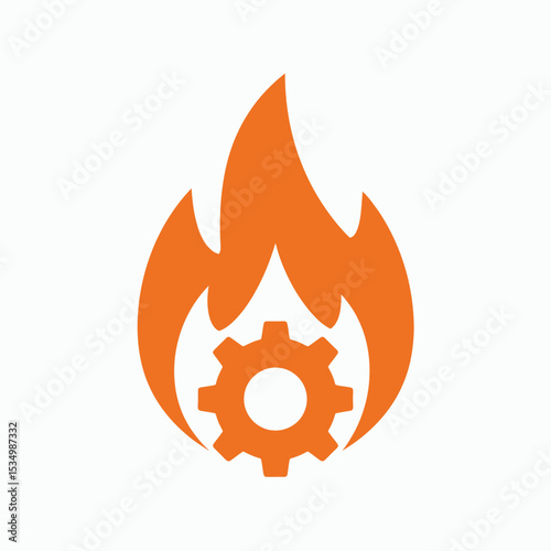 Orange graphic shows a flame surrounding a gear suggesting industrial processes or mechanical power under heat