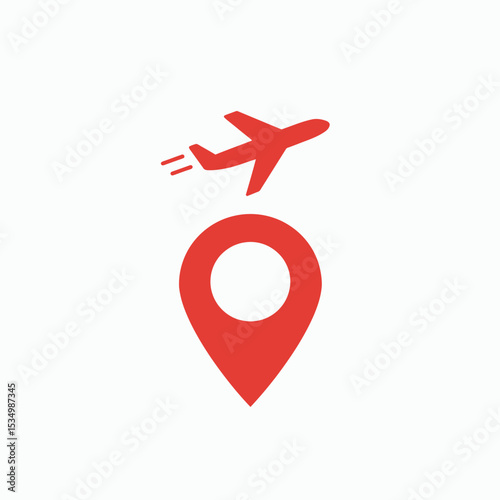Red airplane ascending above a map pin all on a white background