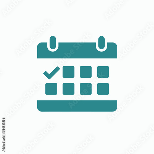 Teal calendar icon with a checkmark on the upper left day block set on a white background