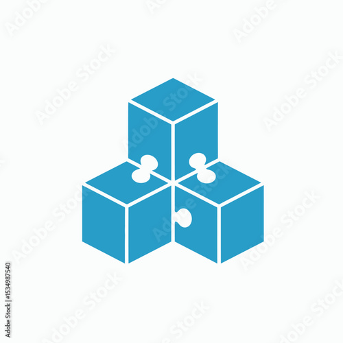 Three blue cubes interlocked with puzzle piece connectors arranged in a pyramid formation against a white background