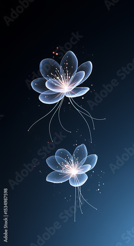 Elegant and luminous floral design featuring translucent flowers with a dark blue background