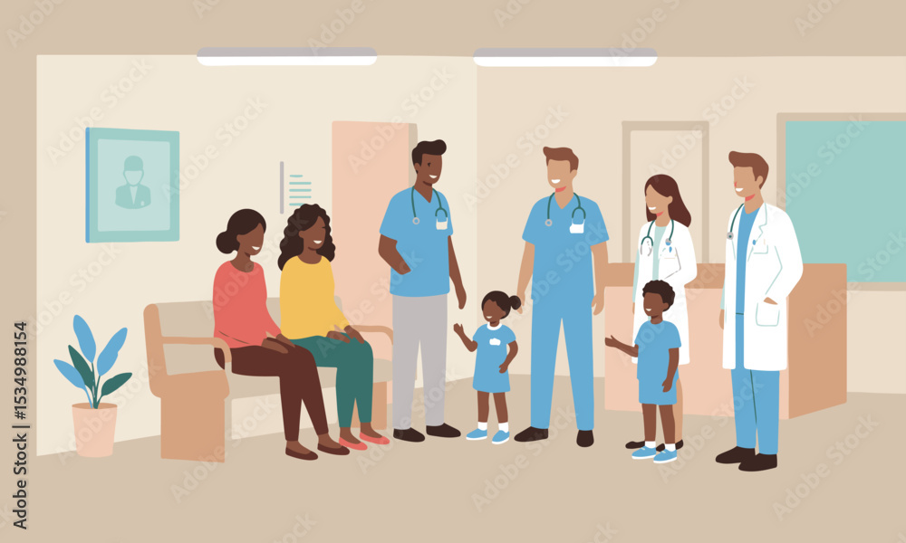Fototapeta premium Flat design illustration of different families and children interacting with doctors and nurses in a clinic or hospital waiting room, suitable for children's health brochures, educational materials