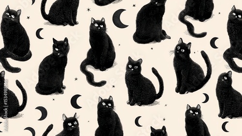 Repeating pattern of black cats and crescent moons