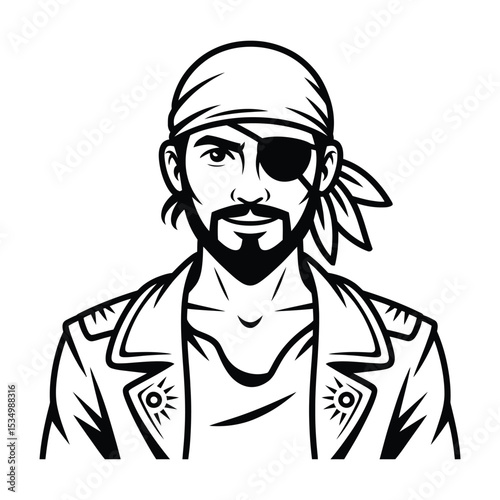 Black and White Pirate Portrait Illustration with Bandana and Eye Patch – Tattoo or Emblem Design

