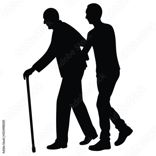 Silhouette of a Young Man Assisting Elderly Person