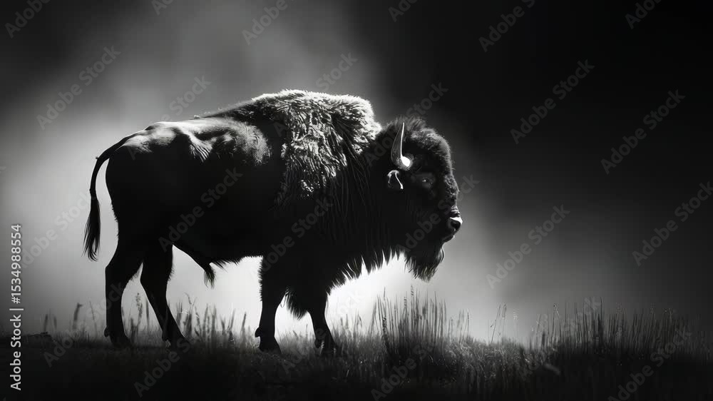 A striking black and white image of a solitary buffalo silhouetted against a misty backdrop, capturing the essence of wildlife in a serene and tranquil environment.