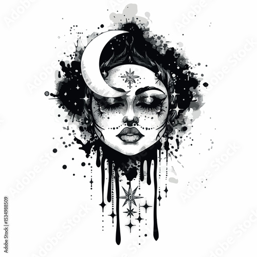 moon, illustration, tattoo, black, art, vector, symbol, tarot, esoteric, vintage, abstract, retro, design, crescent, spiritual, star, hand, sun, isolated, boho, mystic, magic, background, element, 