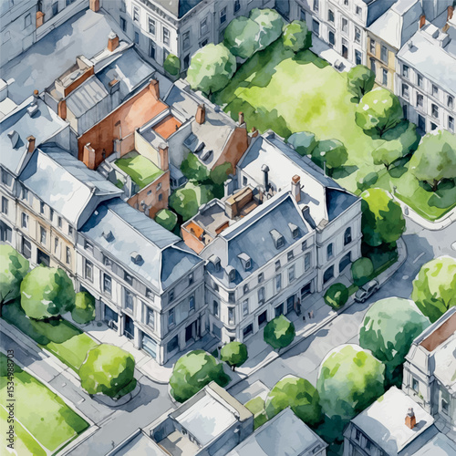 Watercolor aerial city view – rooftops and urban landscape illustration