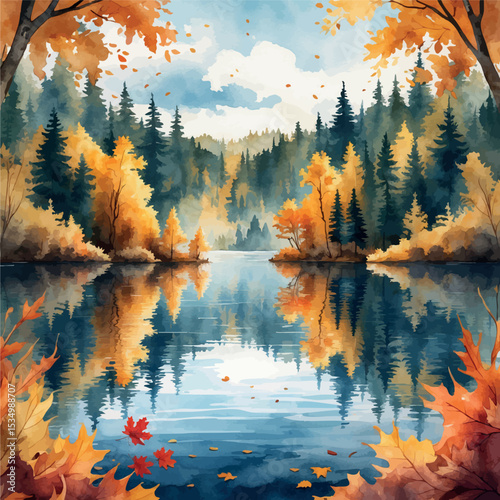 Watercolor aerial autumn lake – forest trees and calm water reflections