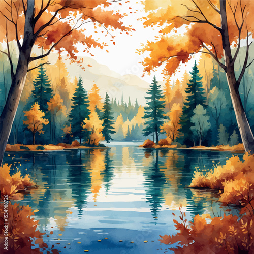 Watercolor aerial autumn lake – forest trees and calm water reflections