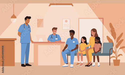 Flat design illustration of different families and children interacting with doctors and nurses in a clinic or hospital waiting room, suitable for children's health brochures, educational materials