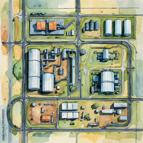 Top-down watercolor map of industrial zone with factories and pipelines