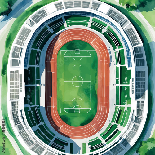 Olympic stadium watercolor illustration – top-down view of running track and field