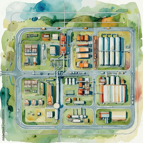 Top-down watercolor map of industrial zone with factories and pipelines