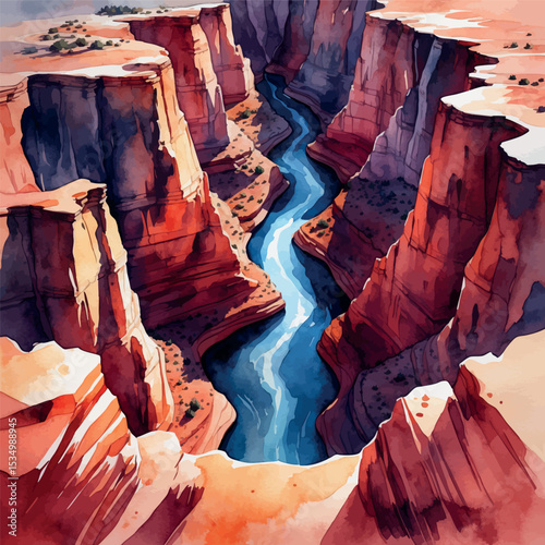 Canyon landscape from above – bold watercolor with red rock and river