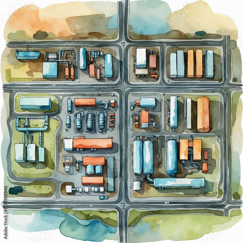 Top-down watercolor map of industrial zone with factories and pipelines