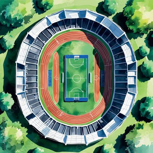 Olympic stadium watercolor illustration – top-down view of running track and field