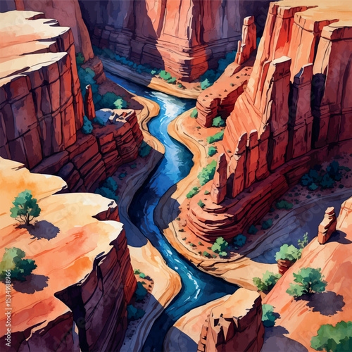 Canyon landscape from above – bold watercolor with red rock and river