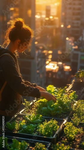 A woman tends to leafy green vegetables in a rooftop garden during golden hour. The warm city light, urban setting, and fresh produce highlight sustainable living in a modern world.