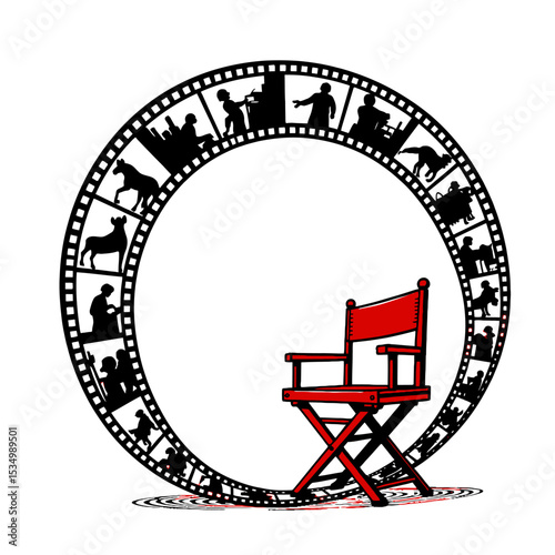 "Vintage Film Reel Line Art Circle with Red Director's Chair - Hollywood Cinema Retro Vector Illustration