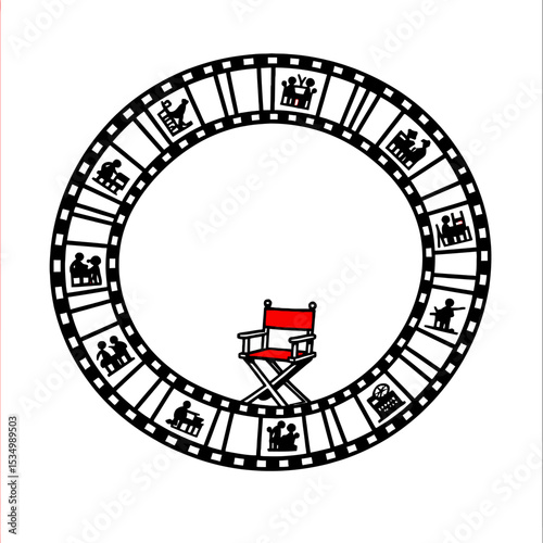 Vintage Film Reel Line Art Circle with Red Director's Chair - Hollywood Cinema Retro Vector Illustration