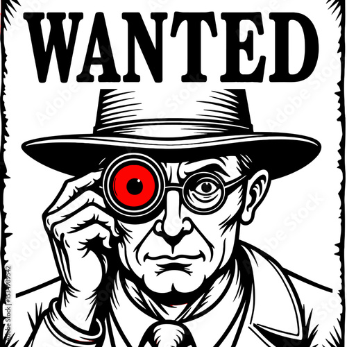 Wanted Poster Line Art with Red Monocle - Hollywood Villain Minimalist Vector Illustration