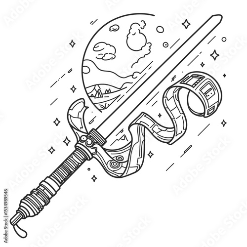 Lightsaber Line Art Transforming to Film Strip with Red Button - Hollywood Sci-Fi Vector Illustration