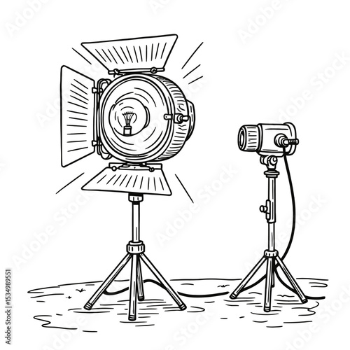 Studio Light Line Art with Red Bulb - Hollywood Backlot Minimalist Vector Illustration