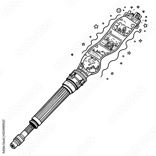 Lightsaber Line Art Transforming to Film Strip with Red Button - Hollywood Sci-Fi Vector Illustration