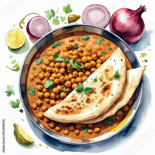 Chole bhature watercolor vector. Indian chickpea curry with fluffy fried bread isolated on white