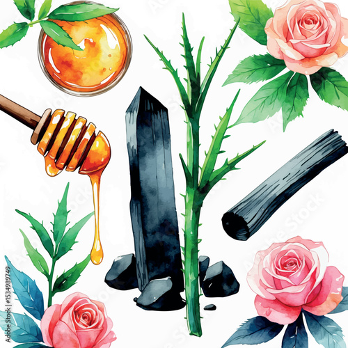 Facial mask ingredients in watercolor vector – botanical and skincare concept