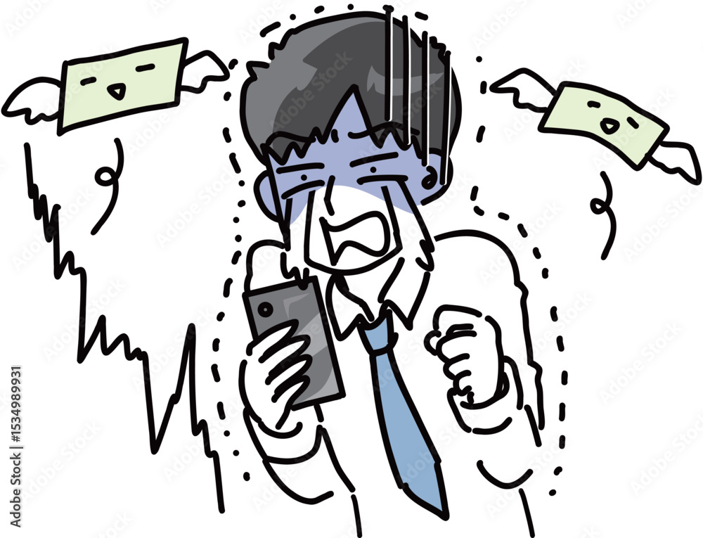 Fototapeta premium 仮想通貨が大暴落して大泣きするサラリーマンのベクターイラスト