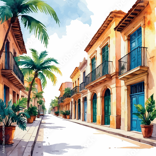 Latin American street with colonial architecture. Watercolor vector scene with tropical plants isolated on white