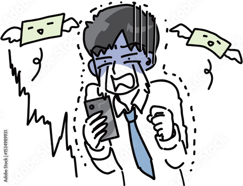 仮想通貨が大暴落して大泣きするサラリーマンのベクターイラスト