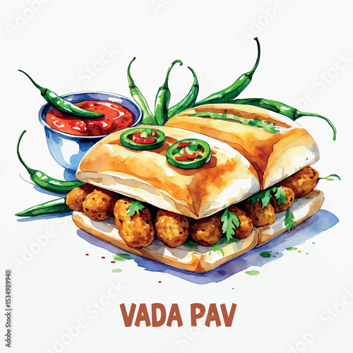 Vada pav watercolor vector. Indian spicy street snack with bun chili and chutney isolated on white