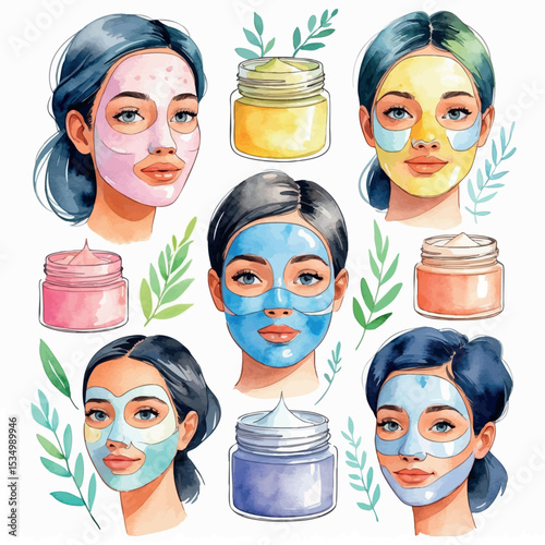 Watercolor vector of facial masks in jars and on faces pastel beauty concept