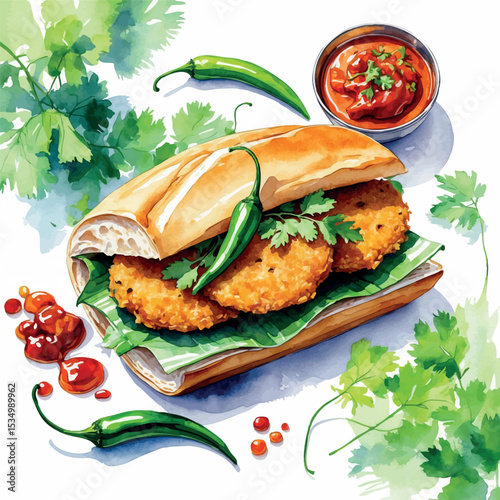 Vada pav watercolor vector. Indian spicy street snack with bun chili and chutney isolated on white